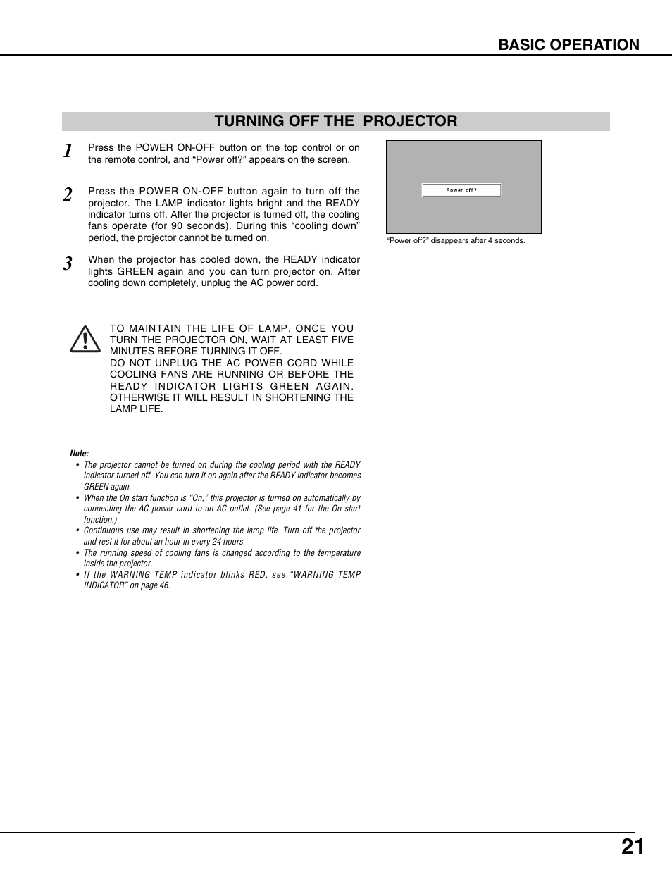 Turning off the projector, Basic operation | Fisher PLC-XP57L User Manual | Page 21 / 62