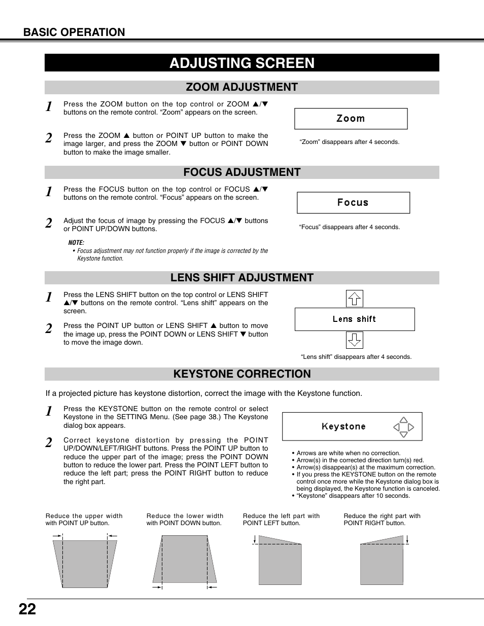 Adjusting screen, Zoom adjustment, Focus adjustment | Lens shift adjustment, Keystone correction, Basic operation, Zoom adjustment focus adjustment | Fisher PLC-XP57L User Manual | Page 22 / 62