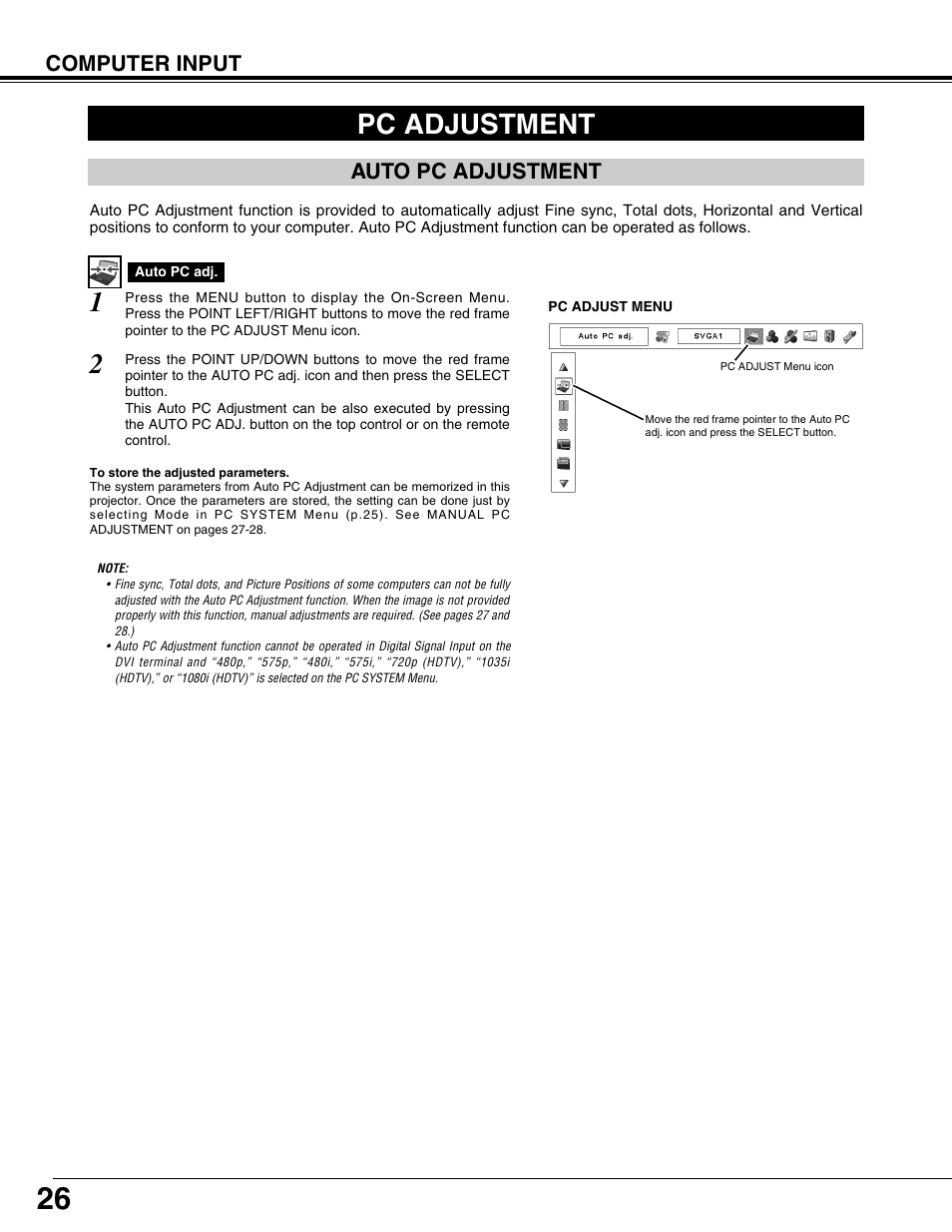 Pc adjustment, Auto pc adjustment, Computer input | Fisher PLC-XP57L User Manual | Page 26 / 62