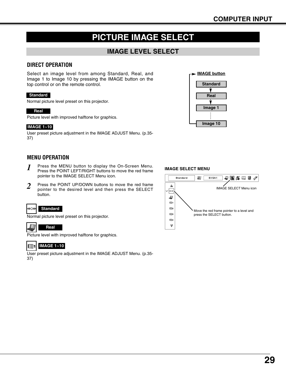 Picture image select, Image level select, Computer input | Fisher PLC-XP57L User Manual | Page 29 / 62