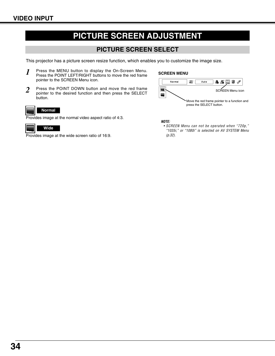 Picture screen adjustment, Picture screen select, Video input | Fisher PLC-XP57L User Manual | Page 34 / 62
