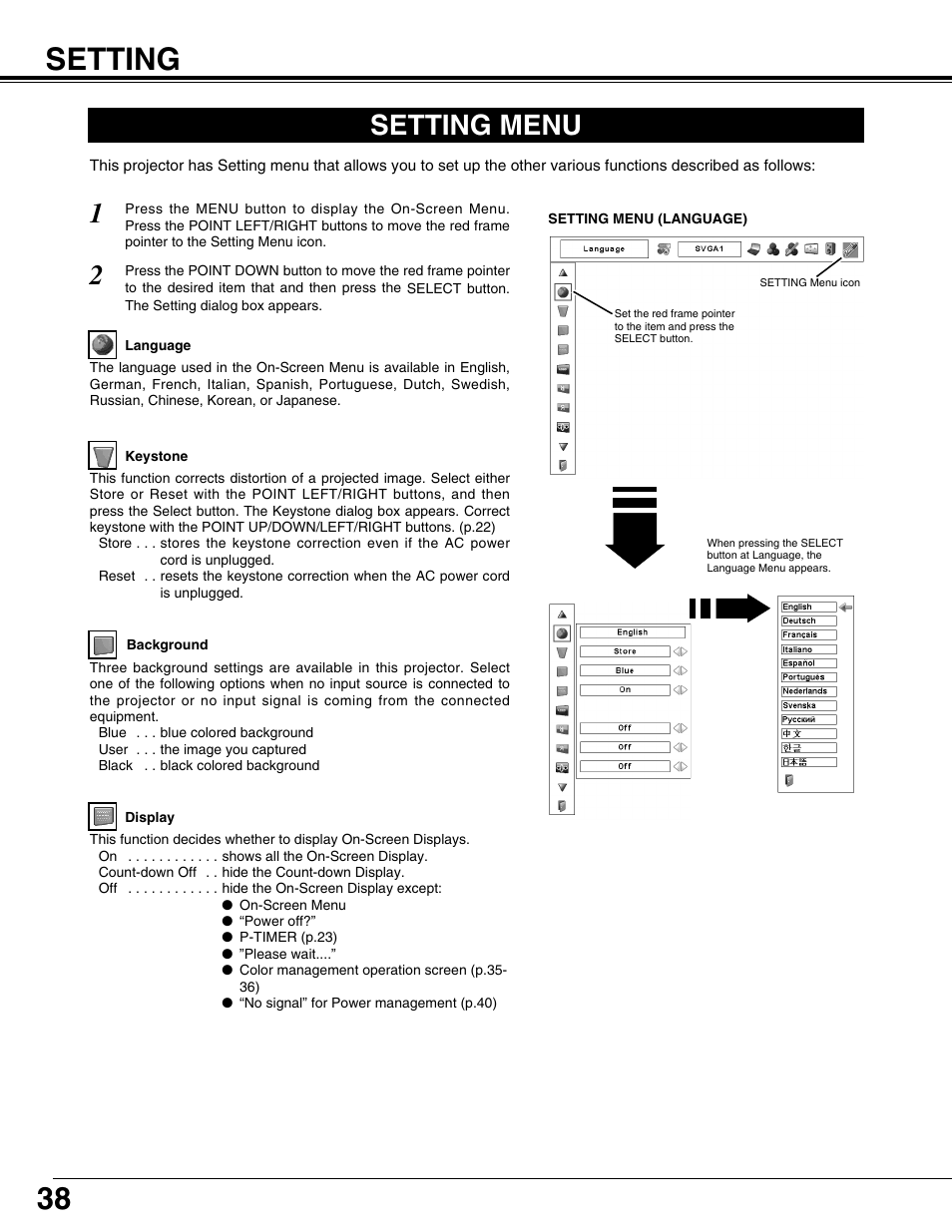 Setting, Setting menu | Fisher PLC-XP57L User Manual | Page 38 / 62