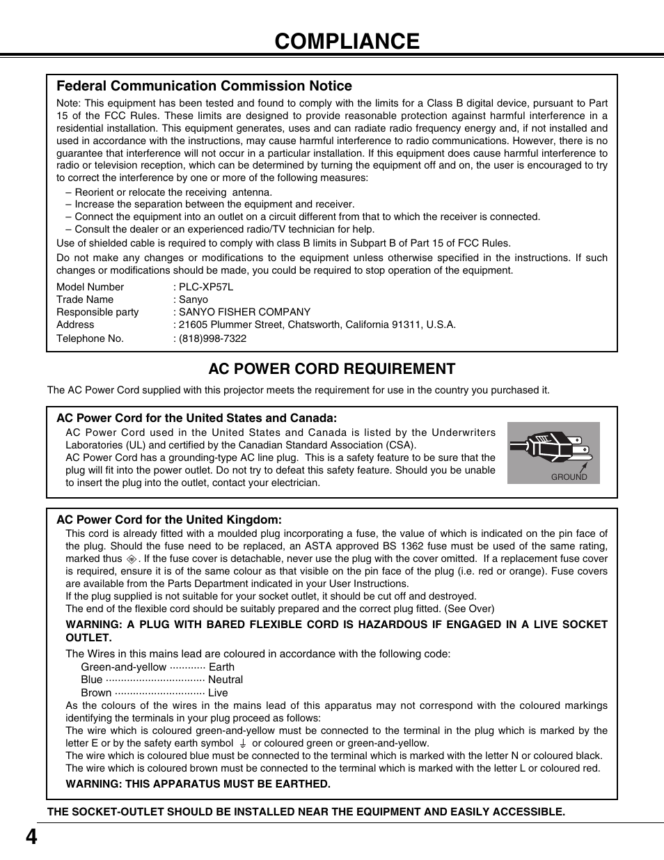 Compliance, 4compliance, Ac power cord requirement | Federal communication commission notice | Fisher PLC-XP57L User Manual | Page 4 / 62