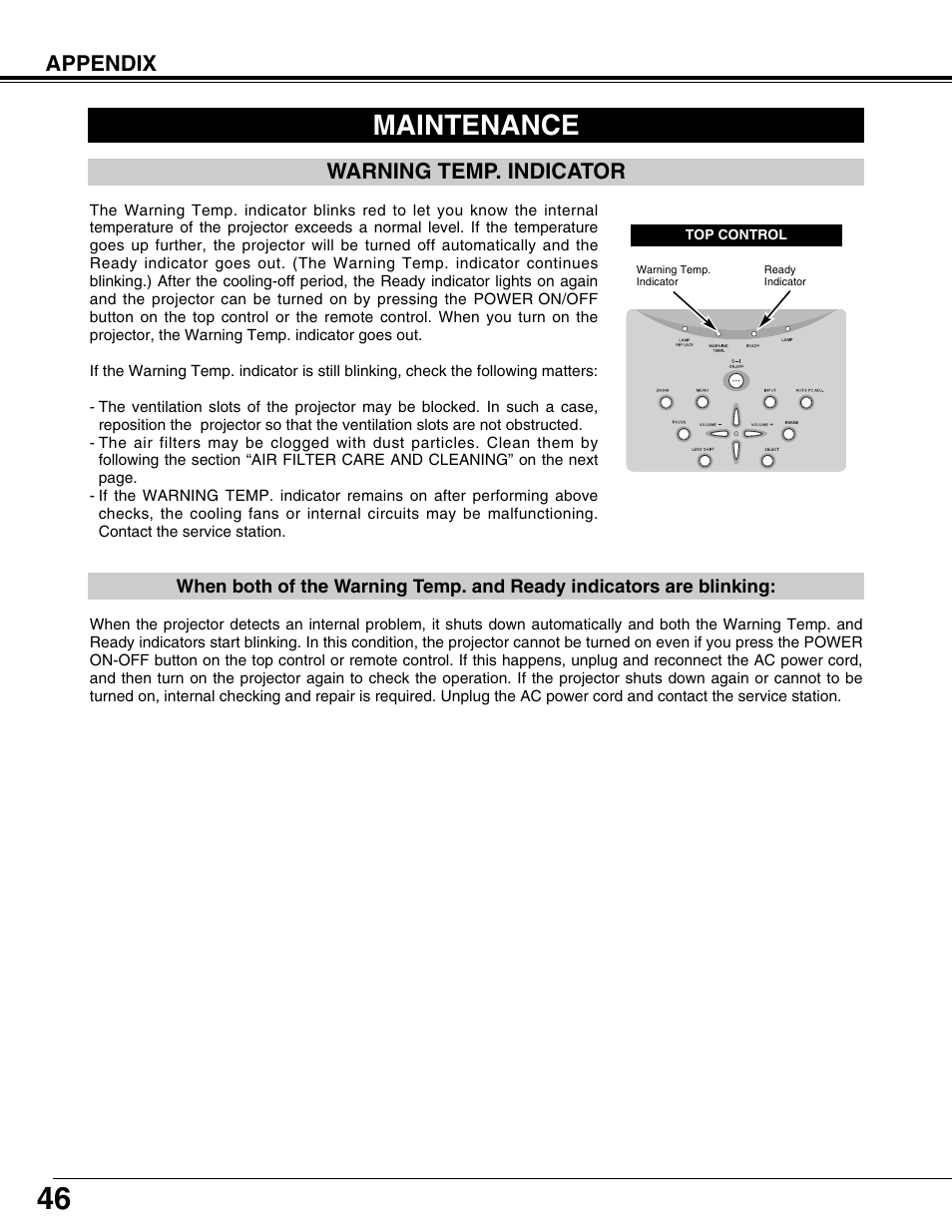 Maintenance, Warning temp. indicator, Appendix | Fisher PLC-XP57L User Manual | Page 46 / 62