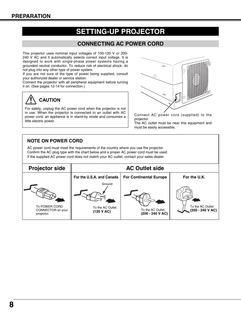Setting-up projector, Connecting ac power cord, Preparation | Projector side ac outlet side | Fisher PLC-XP57L User Manual | Page 8 / 62