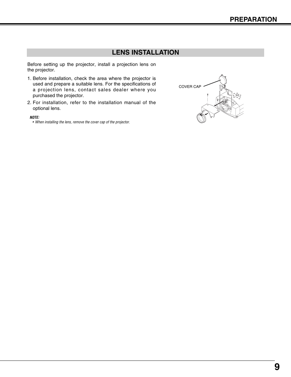 Lens installation, Preparation | Fisher PLC-XP57L User Manual | Page 9 / 62