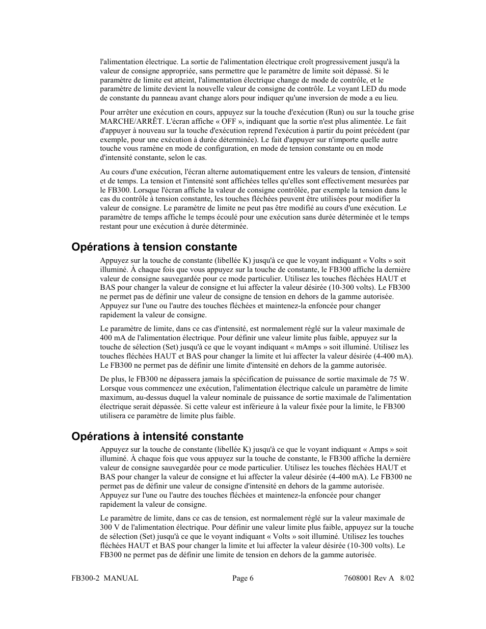 Opérations à tension constante, Opérations à intensité constante | Fisher FB300-2 User Manual | Page 17 / 43
