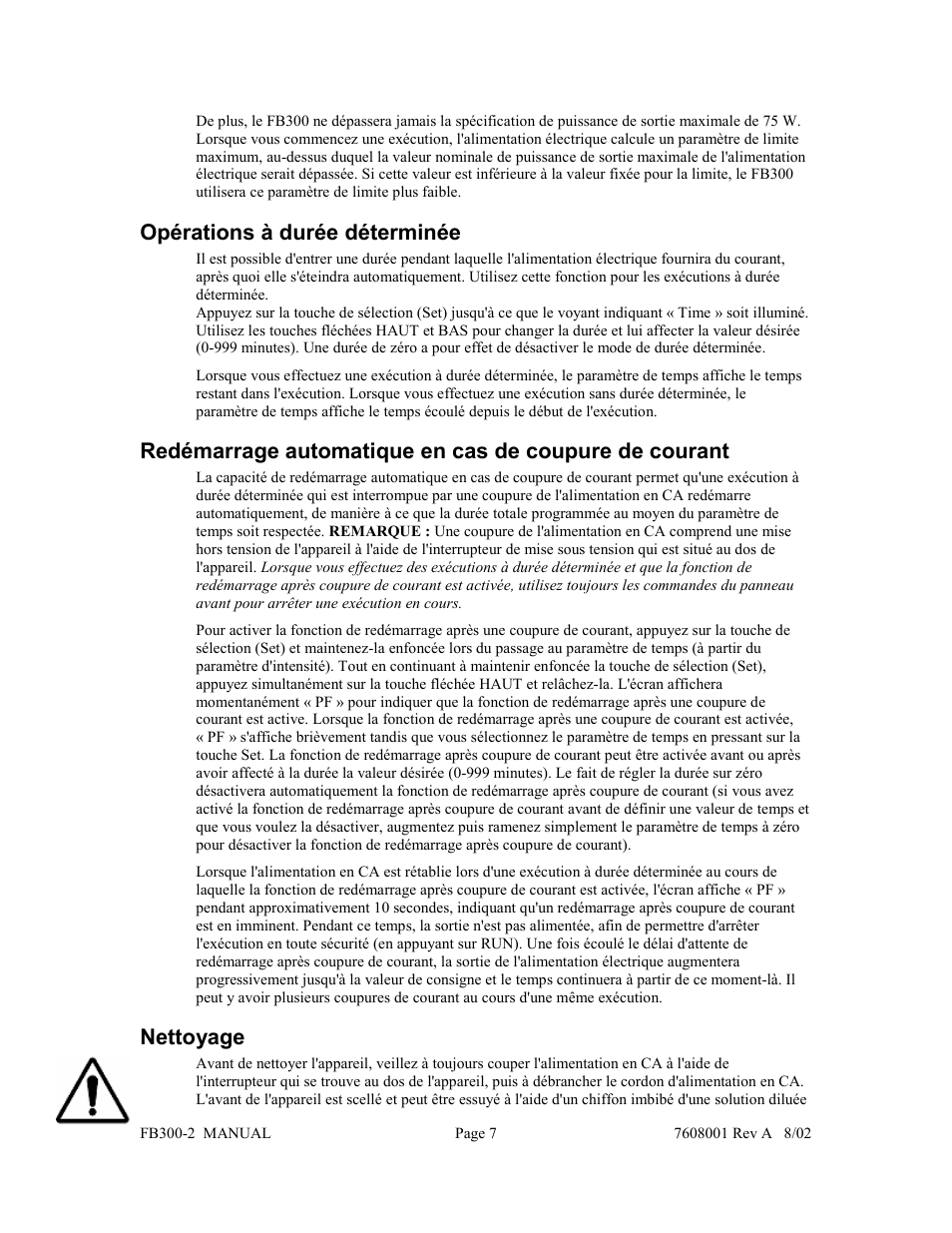 Opérations à durée déterminée, Nettoyage | Fisher FB300-2 User Manual | Page 18 / 43