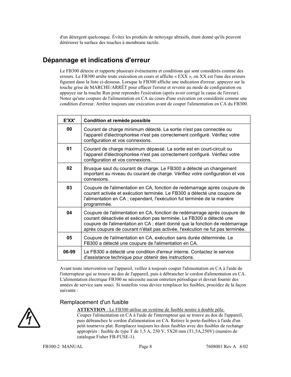 Dépannage et indications d'erreur | Fisher FB300-2 User Manual | Page 19 / 43