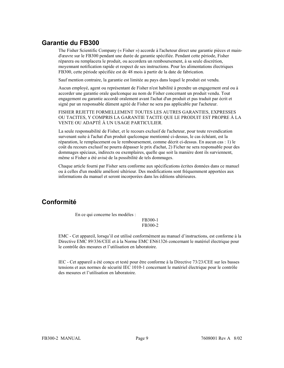Garantie du fb300, Conformité | Fisher FB300-2 User Manual | Page 20 / 43