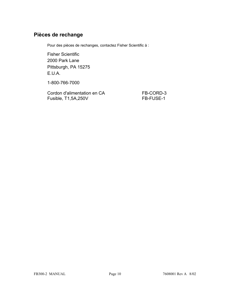 Pièces de rechange | Fisher FB300-2 User Manual | Page 21 / 43