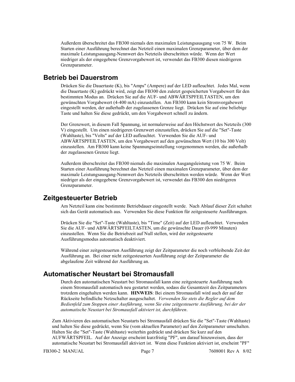 Betrieb bei dauerstrom, Zeitgesteuerter betrieb, Automatischer neustart bei stromausfall | Fisher FB300-2 User Manual | Page 28 / 43