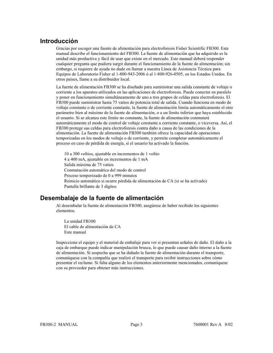 Introducción, Desembalaje de la fuente de alimentación | Fisher FB300-2 User Manual | Page 35 / 43