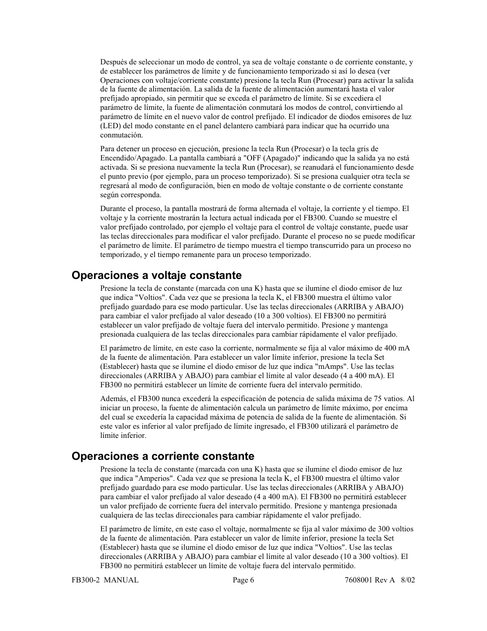 Operaciones a voltaje constante, Operaciones a corriente constante | Fisher FB300-2 User Manual | Page 38 / 43