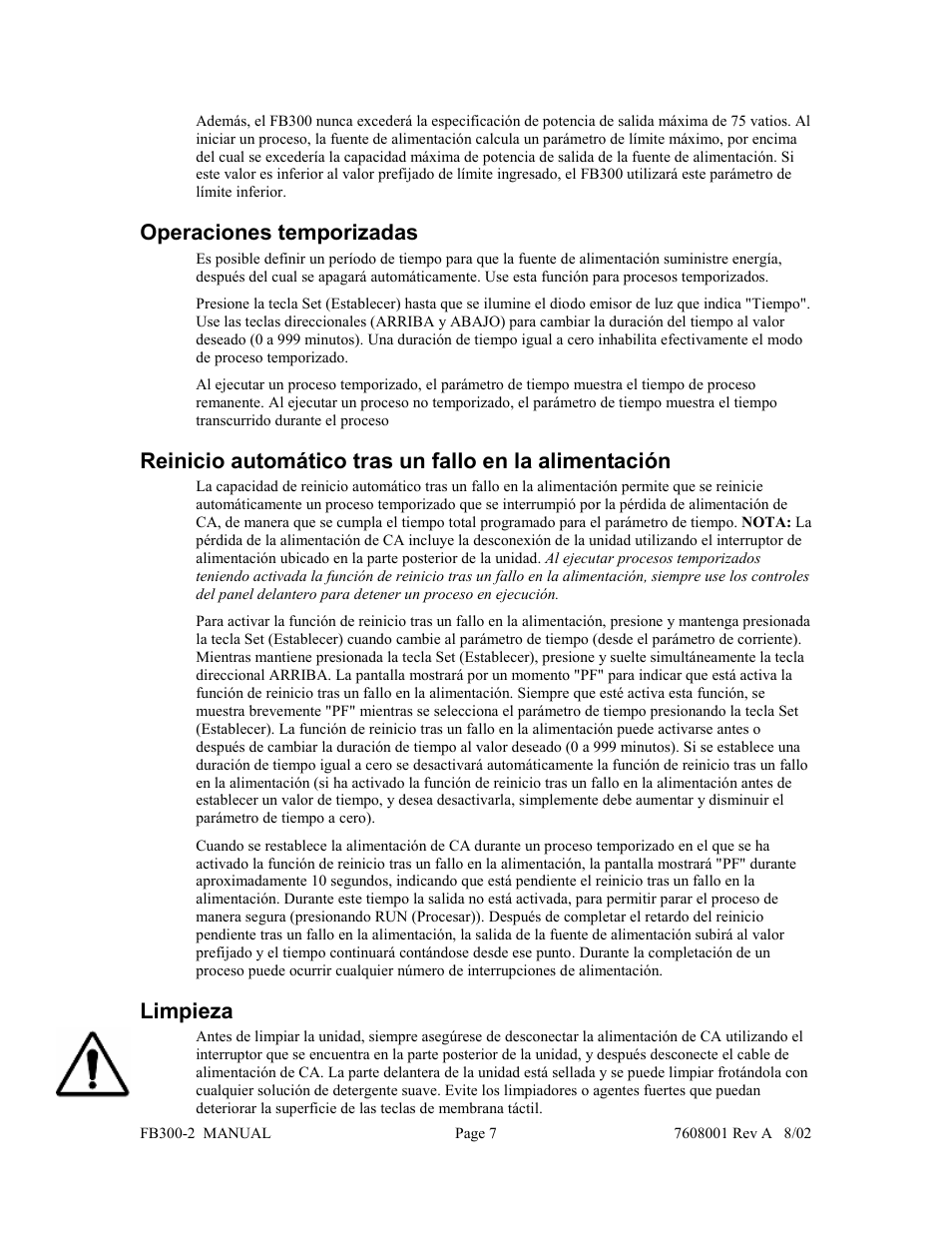 Operaciones temporizadas, Limpieza | Fisher FB300-2 User Manual | Page 39 / 43
