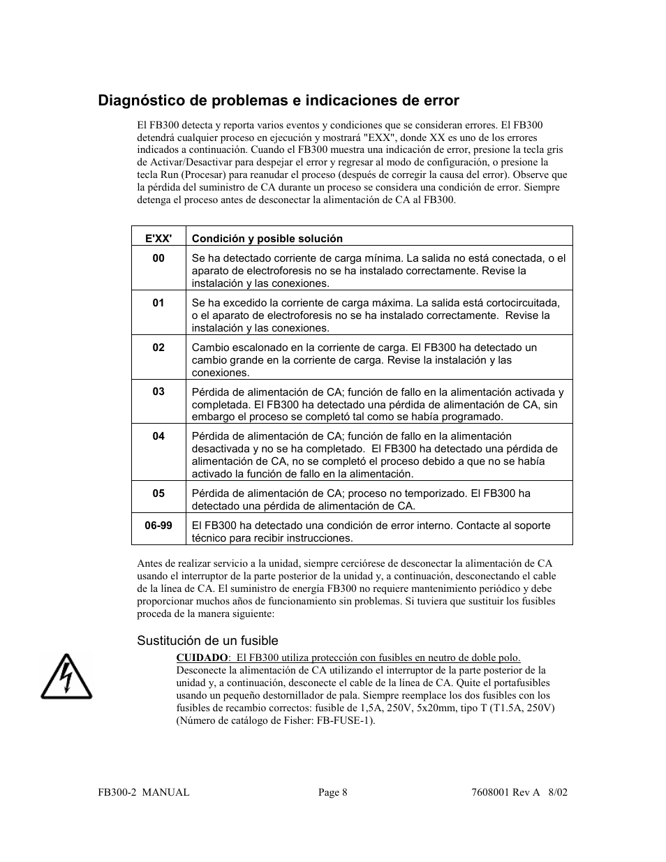 Diagnóstico de problemas e indicaciones de error | Fisher FB300-2 User Manual | Page 40 / 43