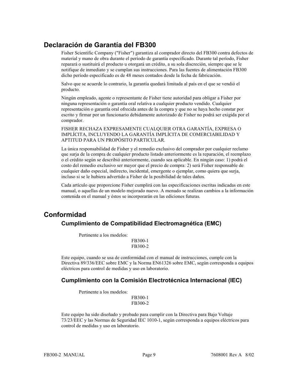 Declaración de garantía del fb300, Conformidad | Fisher FB300-2 User Manual | Page 41 / 43