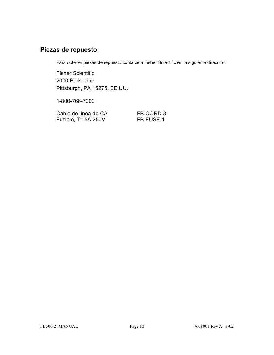 Piezas de repuesto | Fisher FB300-2 User Manual | Page 42 / 43