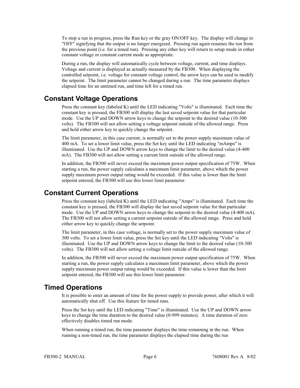 Constant voltage operations, Constant current operations, Timed operations | Fisher FB300-2 User Manual | Page 7 / 43