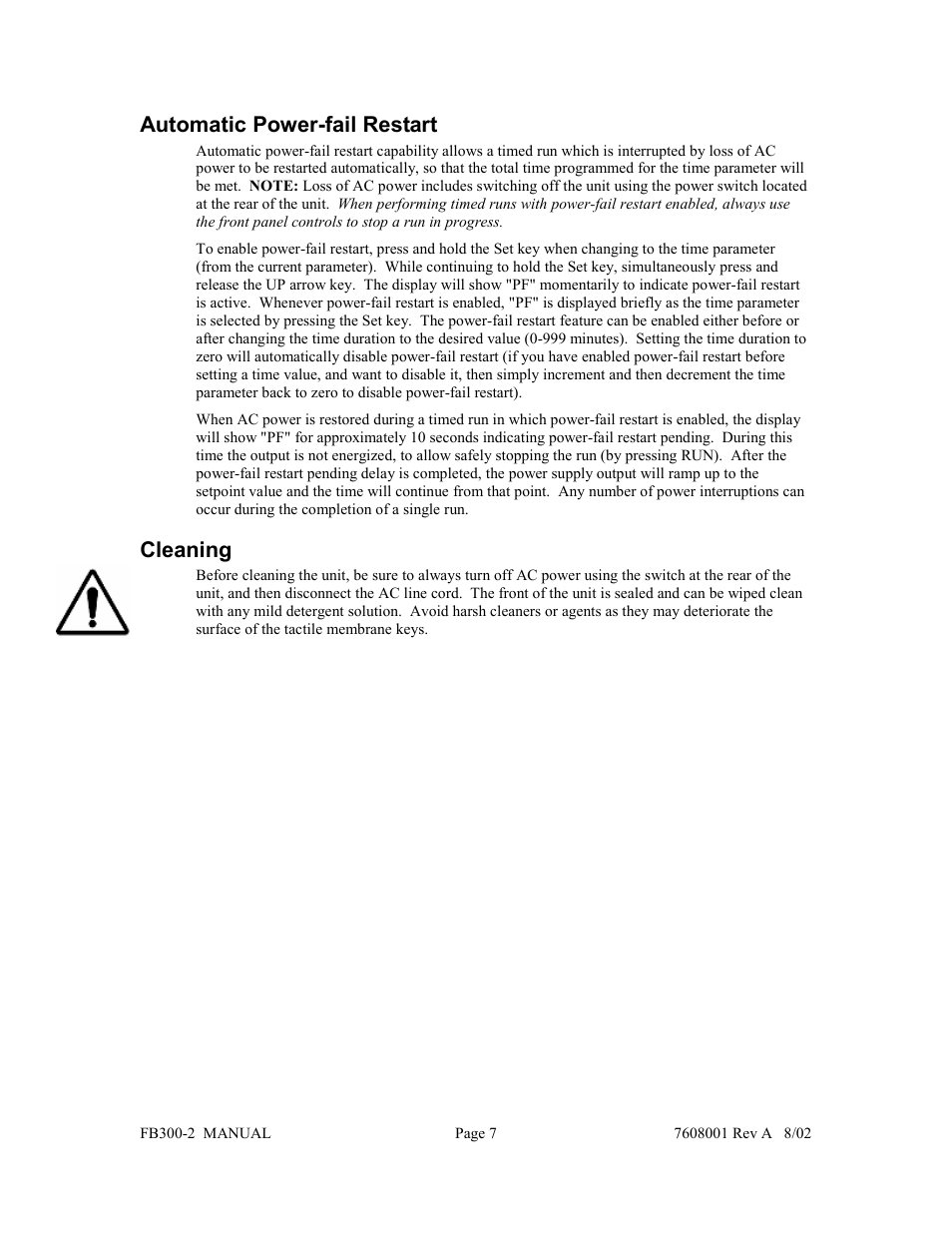 Automatic power-fail restart, Cleaning | Fisher FB300-2 User Manual | Page 8 / 43