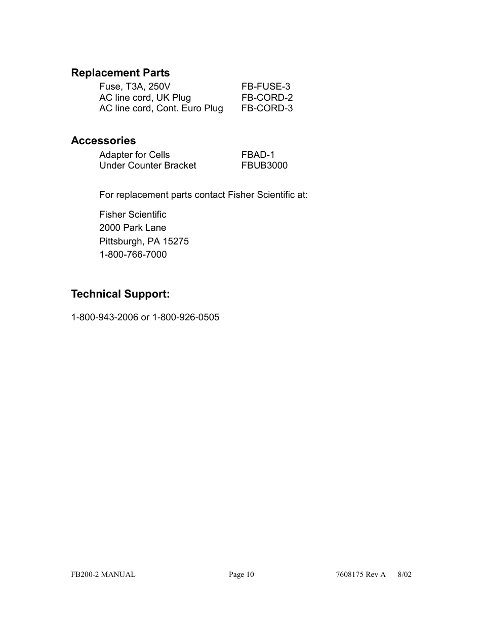 Replacement parts, Accessories, Technical support | Fisher FB200-2 User Manual | Page 11 / 42