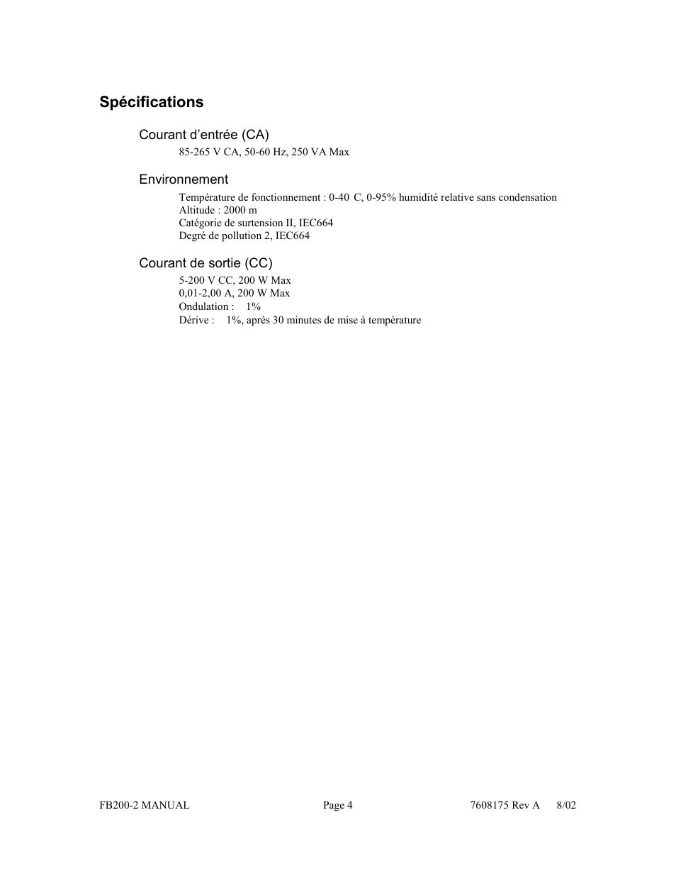 Spécifications | Fisher FB200-2 User Manual | Page 15 / 42