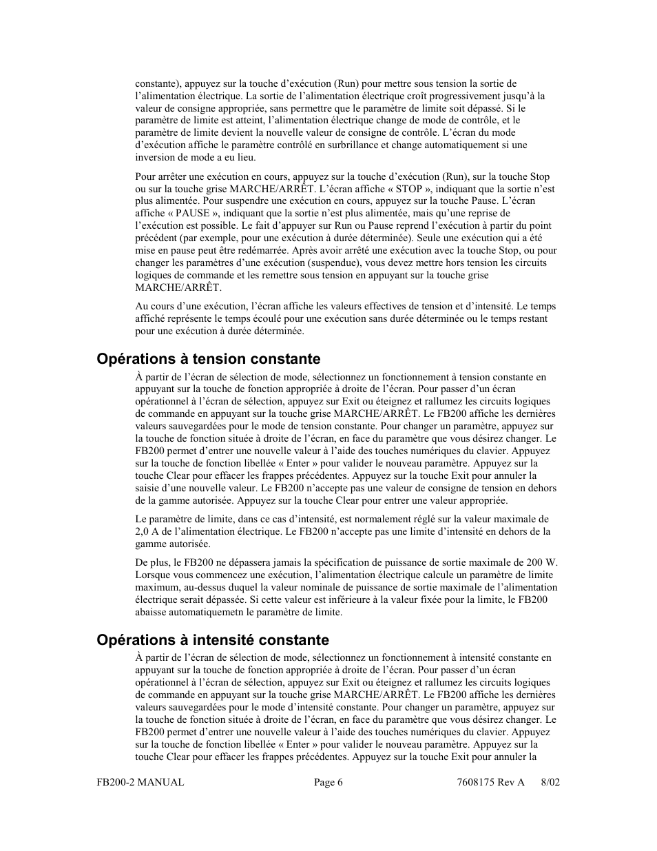 Opérations à tension constante, Opérations à intensité constante | Fisher FB200-2 User Manual | Page 17 / 42