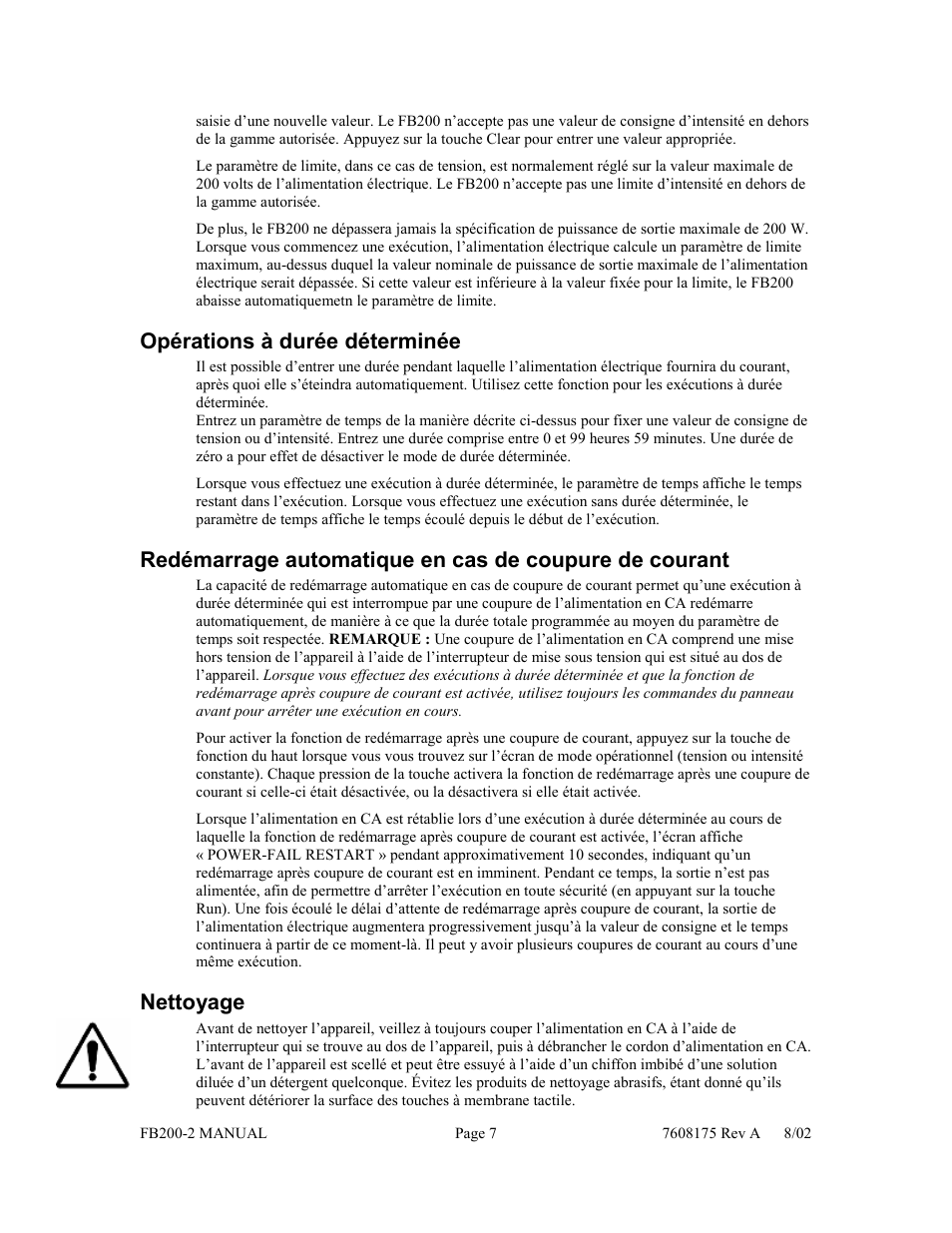 Opérations à durée déterminée, Nettoyage | Fisher FB200-2 User Manual | Page 18 / 42