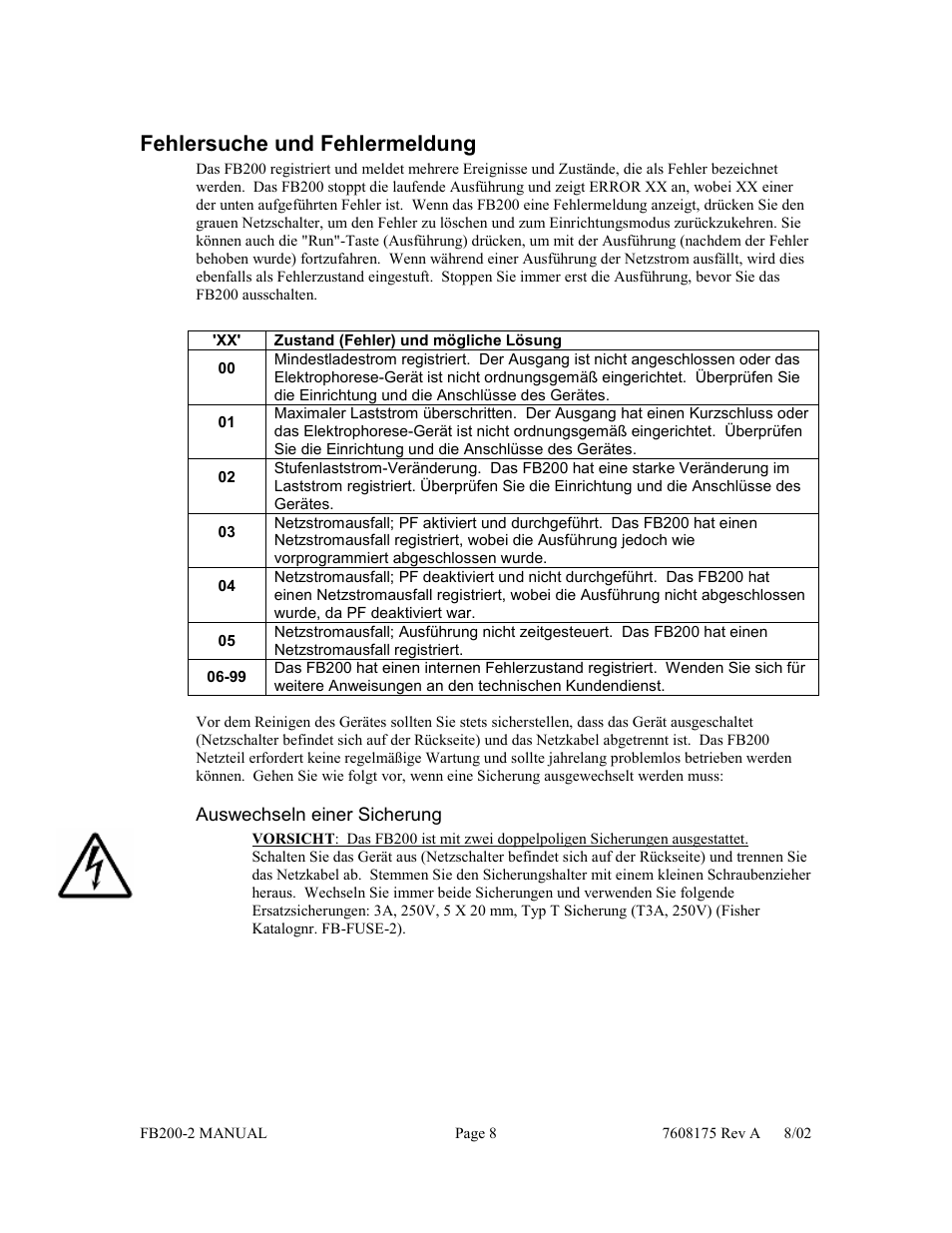 Fehlersuche und fehlermeldung | Fisher FB200-2 User Manual | Page 29 / 42