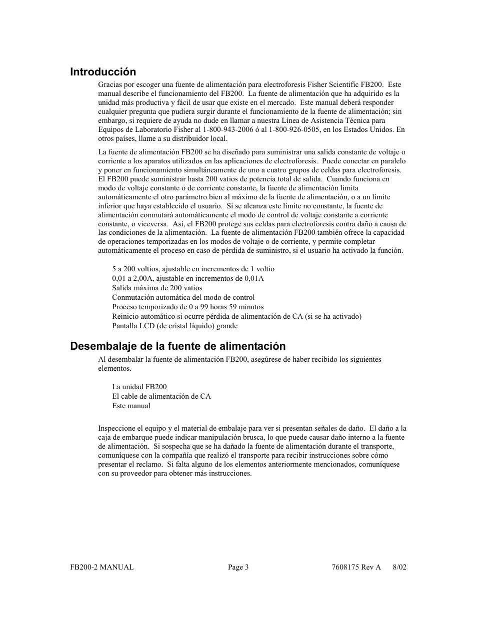 Introducción, Desembalaje de la fuente de alimentación | Fisher FB200-2 User Manual | Page 34 / 42