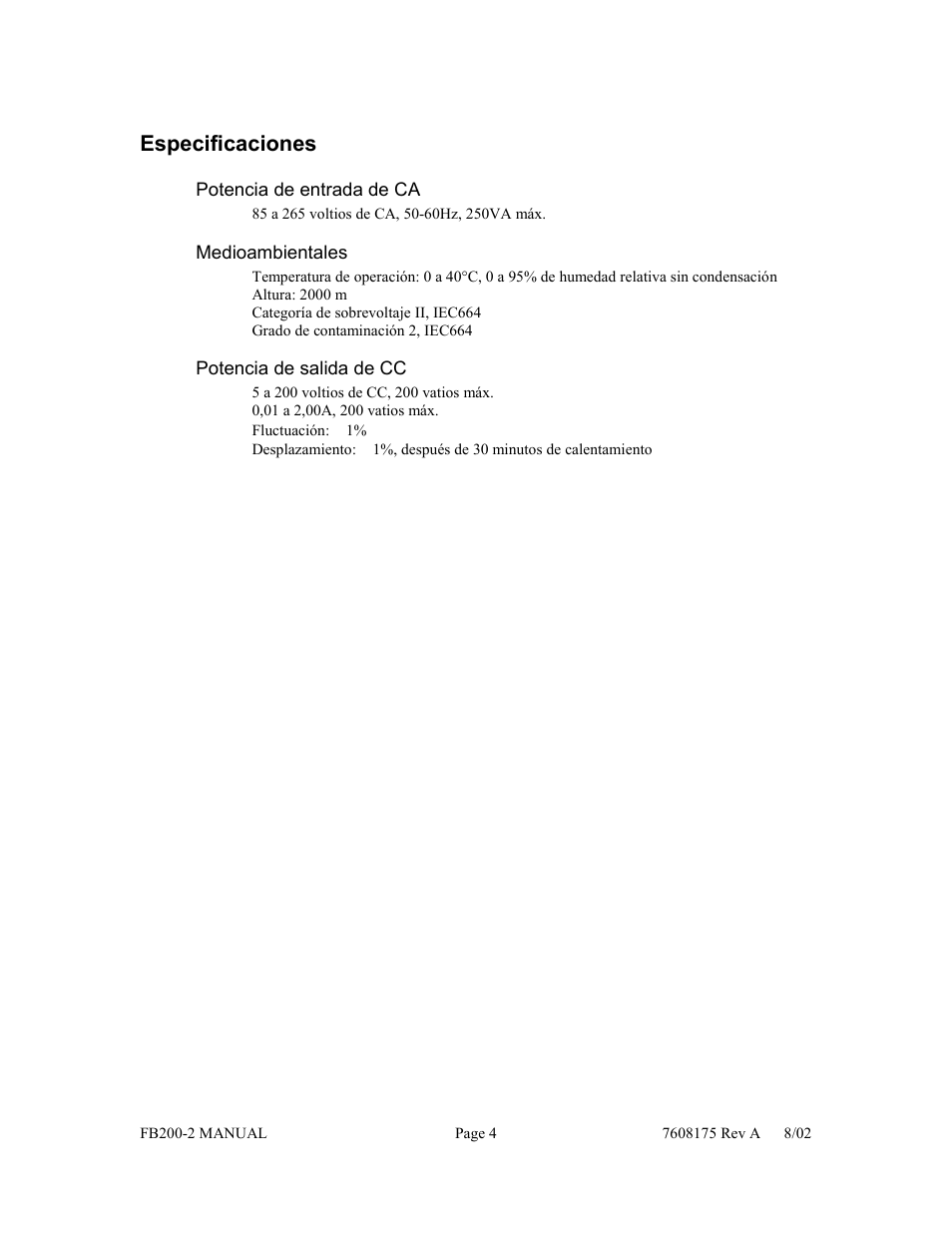 Especificaciones | Fisher FB200-2 User Manual | Page 35 / 42