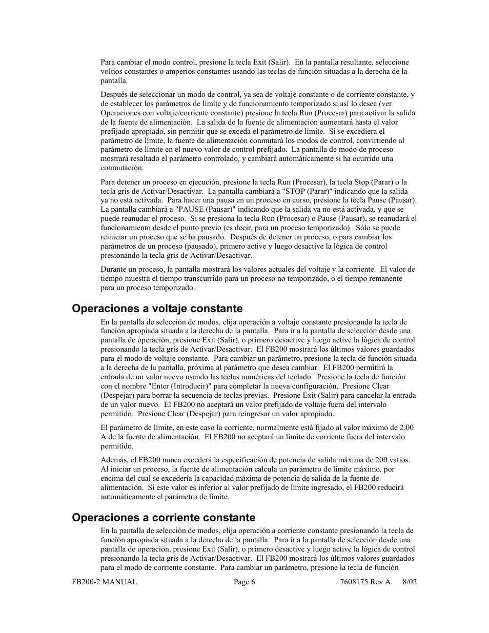 Operaciones a voltaje constante, Operaciones a corriente constante | Fisher FB200-2 User Manual | Page 37 / 42