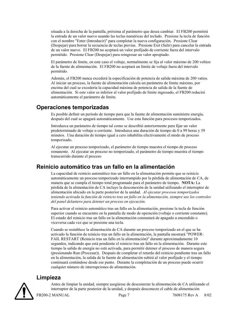 Operaciones temporizadas, Limpieza | Fisher FB200-2 User Manual | Page 38 / 42