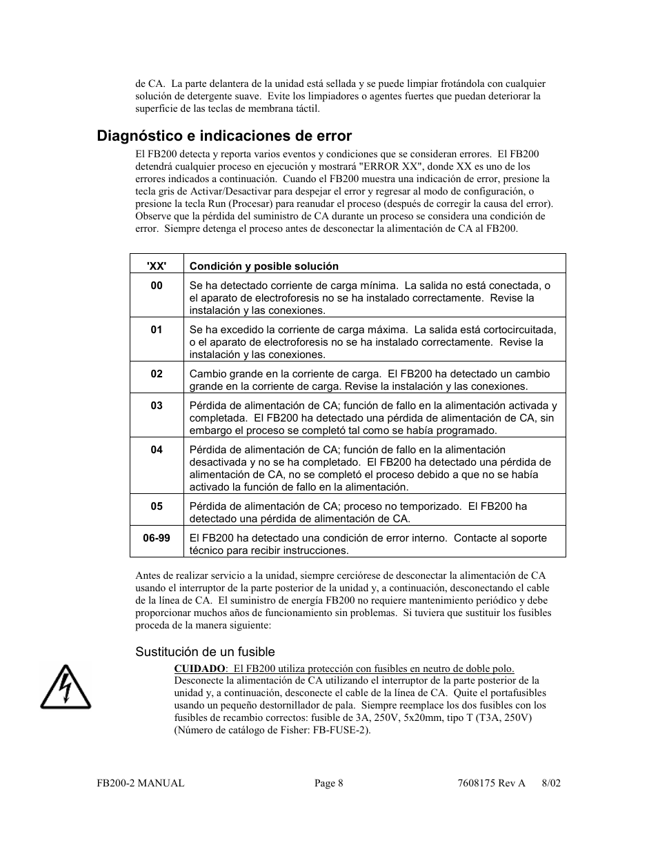 Diagnóstico e indicaciones de error | Fisher FB200-2 User Manual | Page 39 / 42