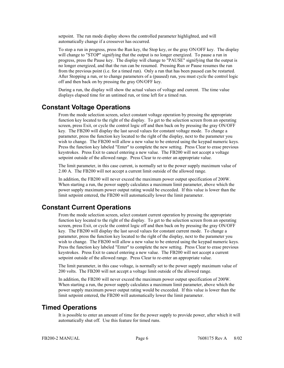 Constant voltage operations, Constant current operations, Timed operations | Fisher FB200-2 User Manual | Page 7 / 42