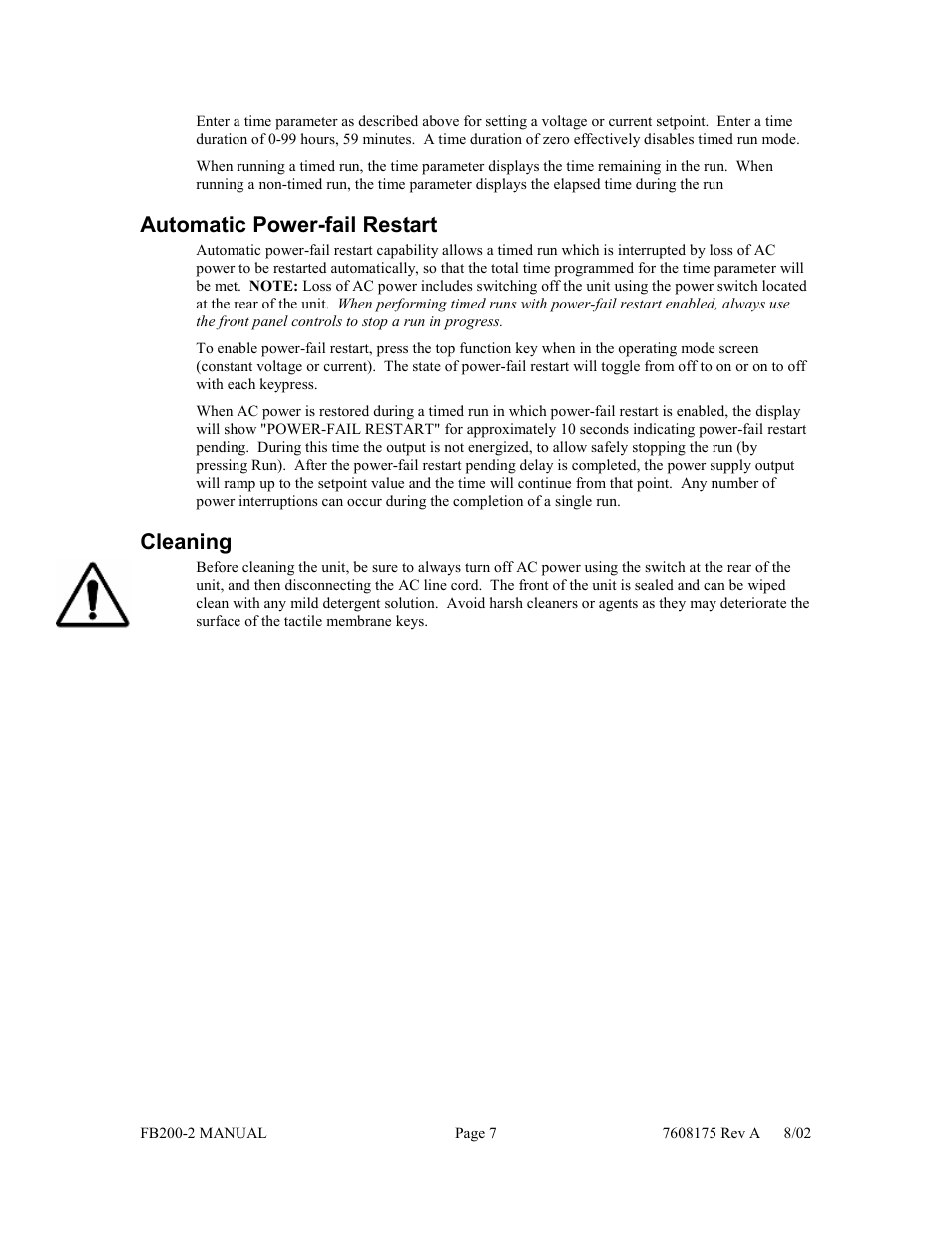 Automatic power-fail restart, Cleaning | Fisher FB200-2 User Manual | Page 8 / 42