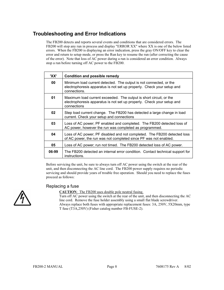 Troubleshooting and error indications | Fisher FB200-2 User Manual | Page 9 / 42