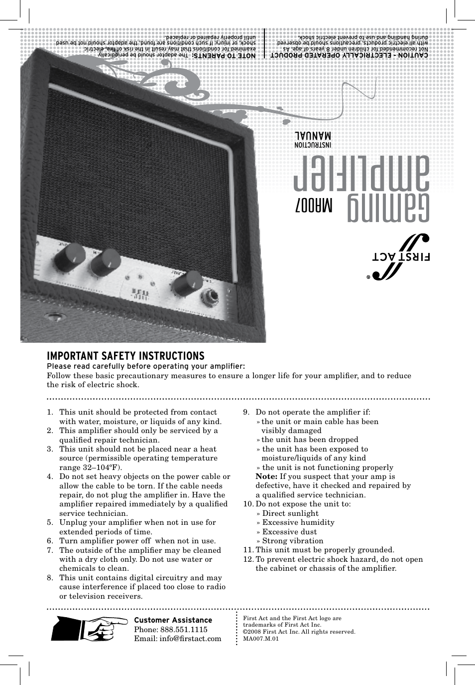 Amp lifi er, Gam ing, Ma007 | Important safety instructions, Manual | First Act MA007 User Manual | Page 2 / 2