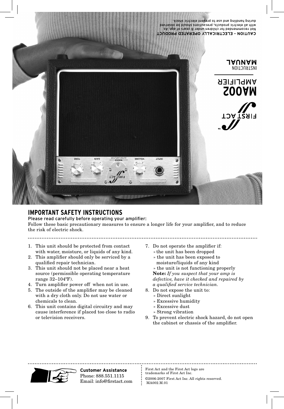 Ma00 2, Amplifier, Manual | Important safety instructions, Ins tru cti on | First Act MA002 User Manual | Page 2 / 2