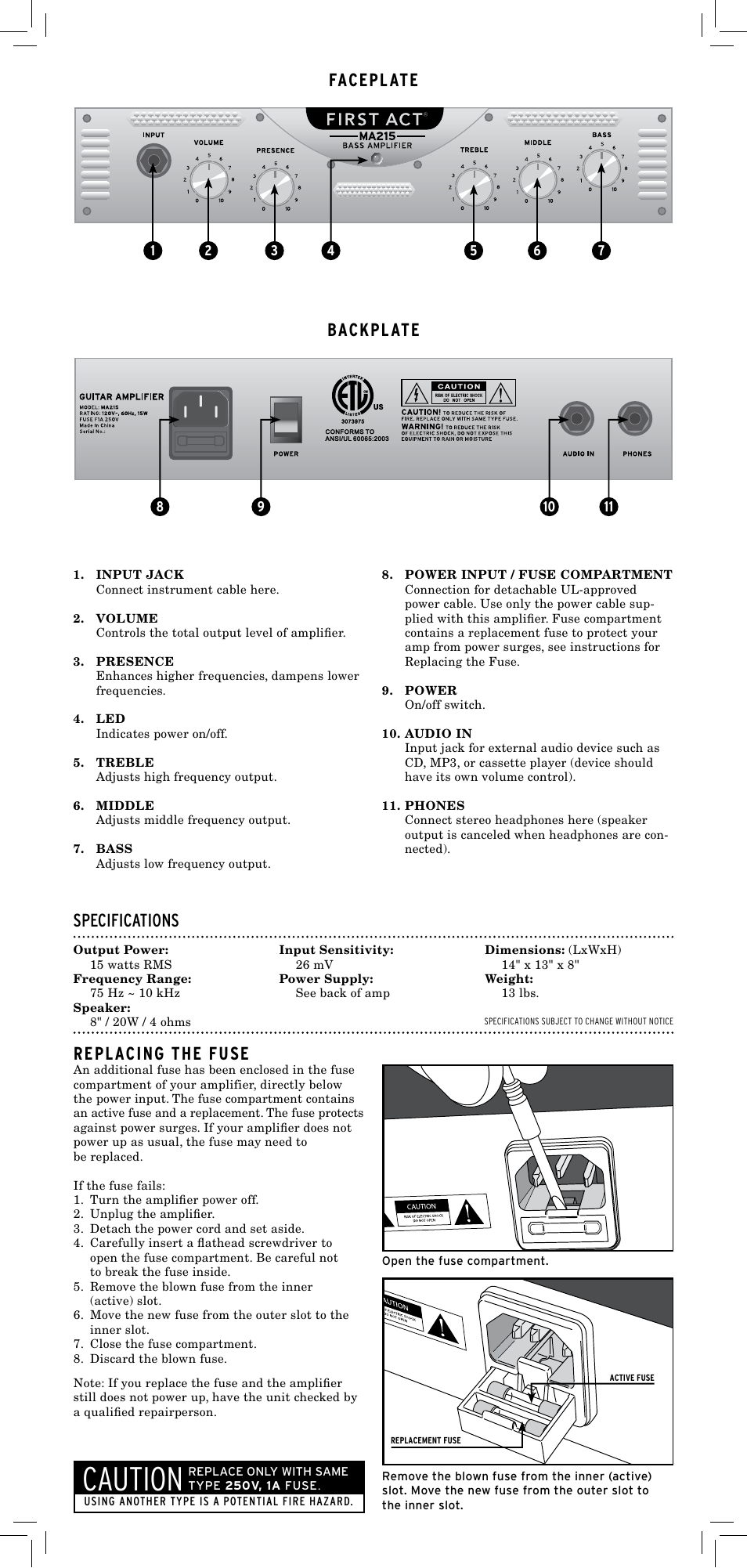 Caution, Replacing the fuse, Specifications | Faceplate backplate | First Act MA215 User Manual | Page 2 / 2