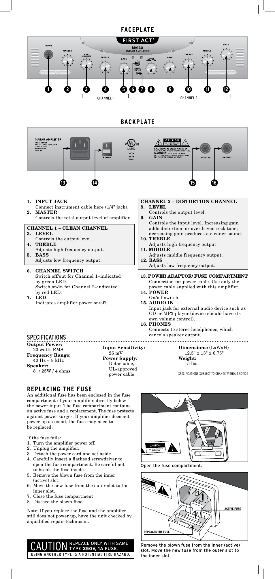 Caution, Faceplate backplate replacing the fuse, Specifications | First Act MA120 User Manual | Page 2 / 2