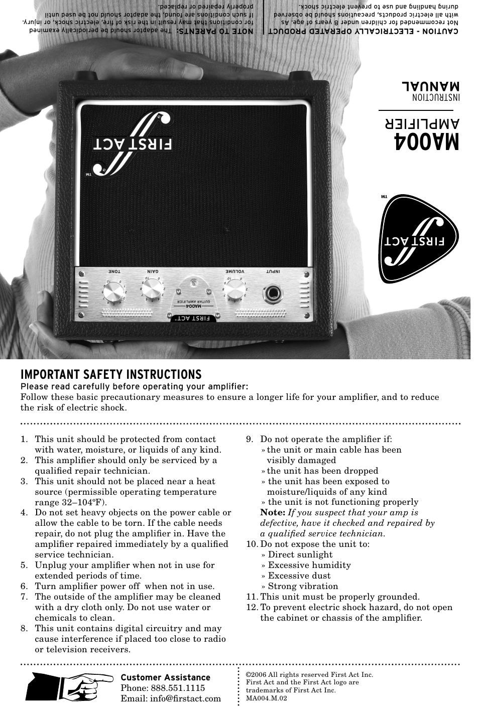 Ma004, Amplifier, Manual | Important safety instructions, Ins tru cti on | First Act MA004 User Manual | Page 2 / 2