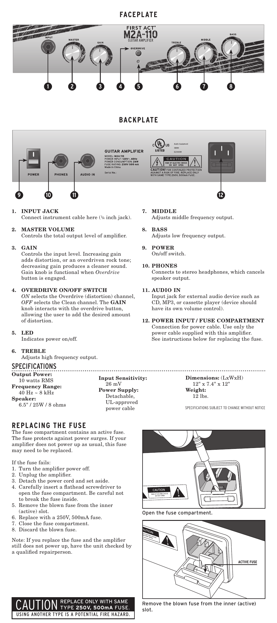 Caution, Faceplate backplate replacing the fuse, Specifications | First Act M2A-110 User Manual | Page 2 / 2