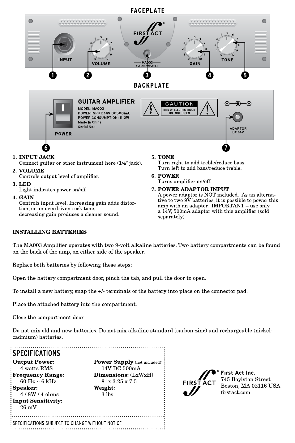 First Act MA003 User Manual | 2 pages