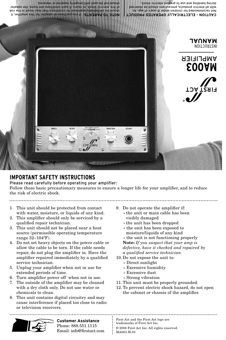 Ma00 3, Amplifier, Manual | Important safety instructions, Ins tru cti on | First Act MA003 User Manual | Page 2 / 2