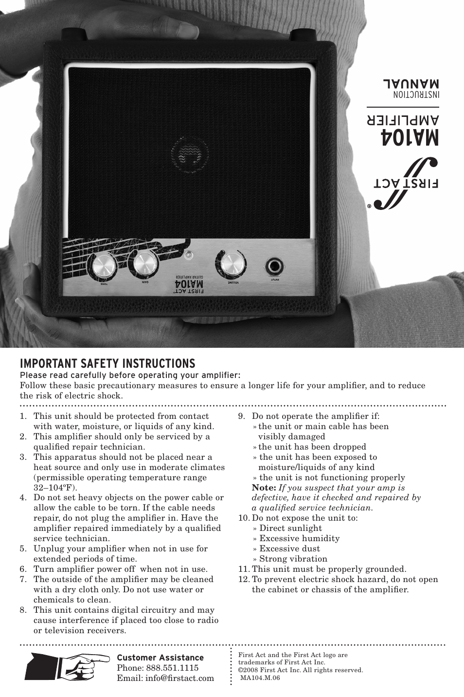 Ma104, Amplifier, Manual | Important safety instructions | First Act MA104 User Manual | Page 2 / 2