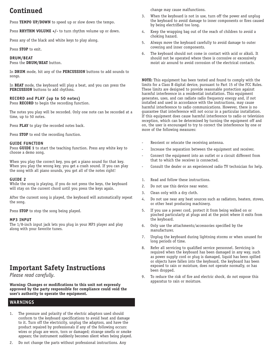 Important safety instructions, Continued, Please read carefully | First Act FDI35 User Manual | Page 2 / 2