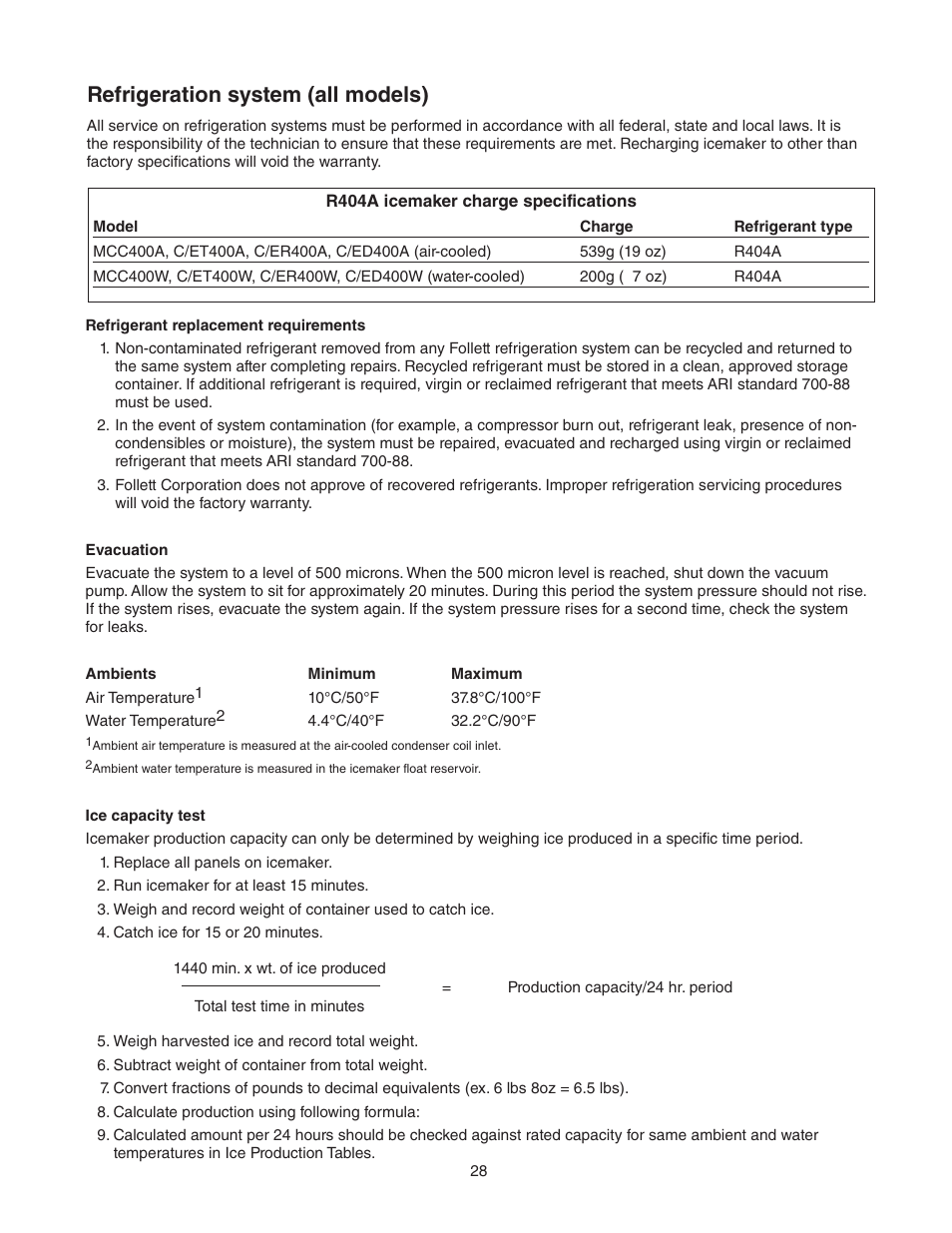 Refrigeration system (all models) | Follett MCC400A/W User Manual | Page 28 / 40
