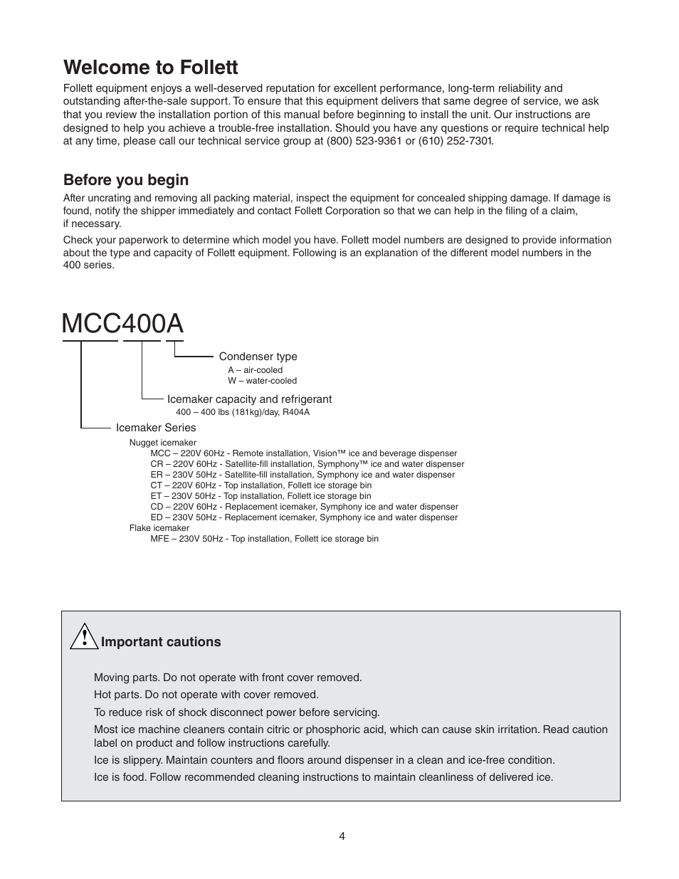 Mcc400a, Welcome to follett, Before you begin | Follett MCC400A/W User Manual | Page 4 / 40