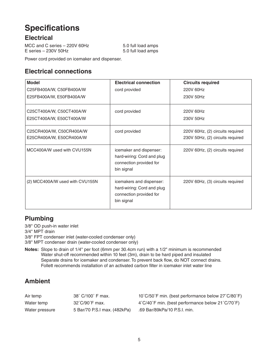 Specifications, Electrical, Plumbing | Ambient, Electrical connections | Follett MCC400A/W User Manual | Page 5 / 40